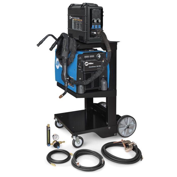 MILLER ALUMAPOWER 450 MPA MIG WELDER WITH FEEDER 25 FT XR GUN MIG KIT AND CART 951840